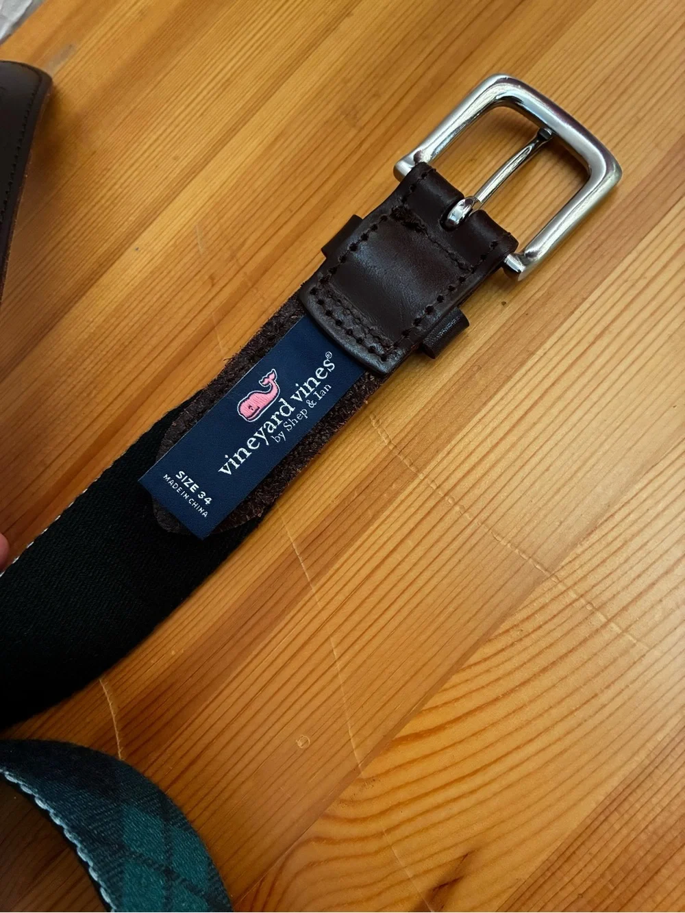 Vineyard Vines Navy & Green Plaid Canvas Belt with Brown Leather